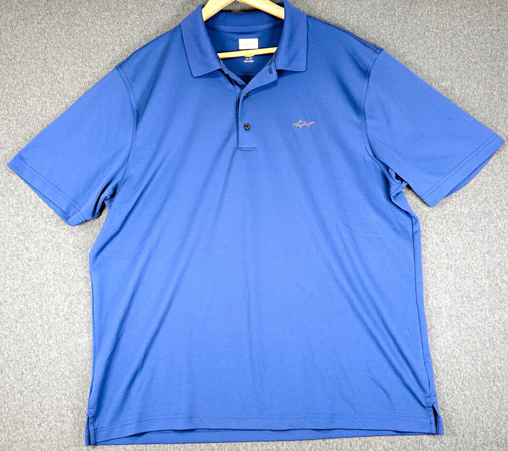 Greg Norman PlayDry Mens XL Blue Golf Polo Shirt Short Sleeve Shark Logo READ